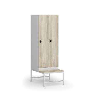 Šatní skříňka s lavičkou, 2 oddíly, 1875 x 600 x 500/800 mm, zámek s čtečkou RFID karet, laminované dveře, dub přírodní