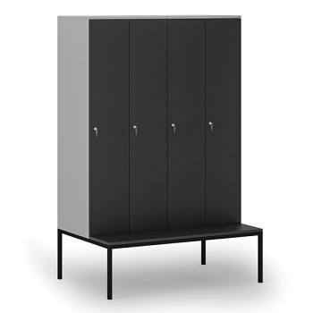 Dřevěná šatní skříňka s lavičkou, 4 oddíly, cylindrický zámek, šedá/grafit