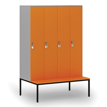 Dřevěná šatní skříňka s lavičkou, 4 oddíly, otočný zámek, šedá/oranžová