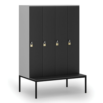 Dřevěná šatní skříňka s lavičkou, 4 oddíly, otočný zámek, šedá/grafit