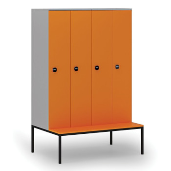 Dřevěná šatní skříňka s lavičkou, 4 oddíly, RFID zámek, šedá/oranžová