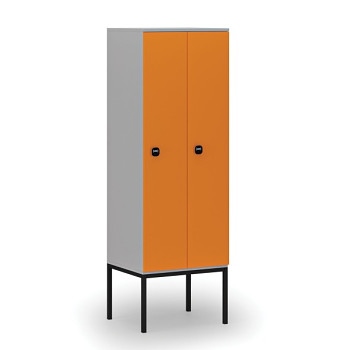 Dřevěná šatní skříňka s podnoží, 2 oddíly, RFID zámek, šedá/oranžová