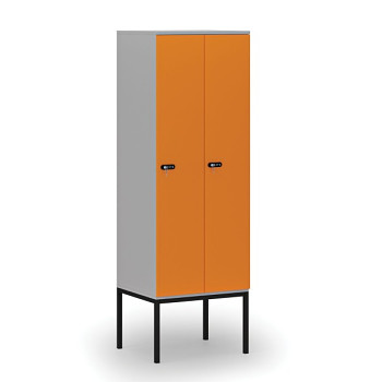 Dřevěná šatní skříňka s podnoží, 2 oddíly, mechanický kódový zámek, šedá/oranžová