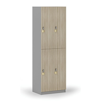 Dřevěná šatní skříňka s úložnými boxy, 4 boxy, otočný zámek, šedá/dub přírodní