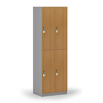 Dřevěná šatní skříňka s úložnými boxy, 4 boxy, otočný zámek, šedá/buk