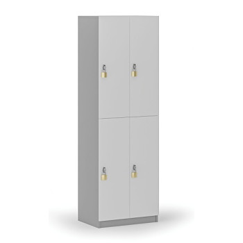 Dřevěná šatní skříňka s úložnými boxy, 4 boxy, otočný zámek, šedá/bílá