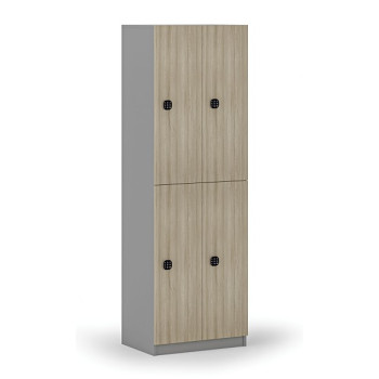 Dřevěná šatní skříňka s úložnými boxy, 4 boxy, kódový zámek, šedá/dub přírodní