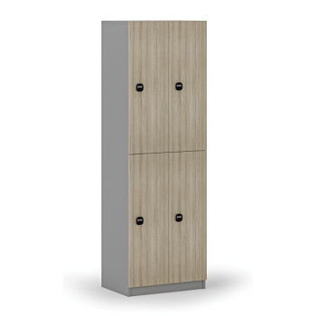 Dřevěná šatní skříňka s úložnými boxy, 4 boxy, RFID zámek, šedá/dub přírodní