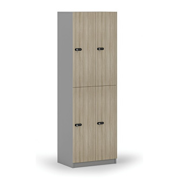Dřevěná šatní skříňka s úložnými boxy, 4 boxy, mechanický kódový zámek, šedá/dub přírodní