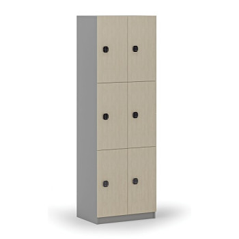 Dřevěná šatní skříňka s úložnými boxy, 6 boxů, kódový zámek, šedá/bříza