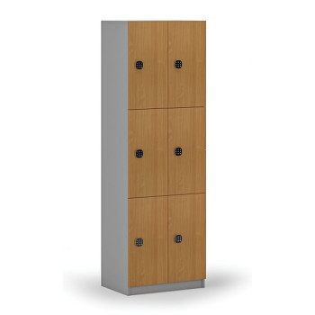 Dřevěná šatní skříňka s úložnými boxy, 6 boxů, kódový zámek, šedá/buk