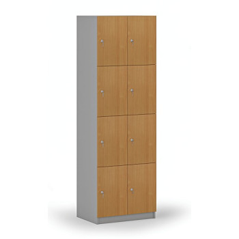 Dřevěná šatní skříňka s úložnými boxy, 8 boxů, cylindrický zámek, šedá/buk