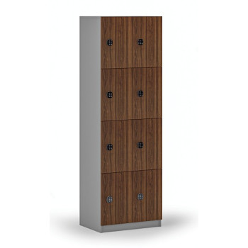 Dřevěná šatní skříňka s úložnými boxy, 8 boxů, kódový zámek, šedá/ořech