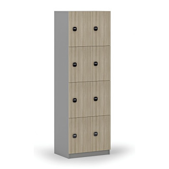 Dřevěná šatní skříňka s úložnými boxy, 8 boxů, RFID zámek, šedá/dub přírodní