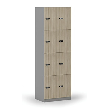 Dřevěná šatní skříňka s úložnými boxy, 8 boxů, mechanický kódový zámek, šedá/dub přírodní