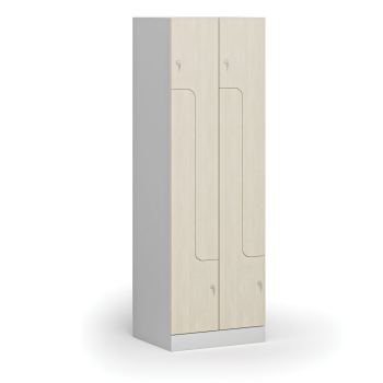 Kovová šatní skříňka Z, 4 oddíly, 1850 x 600 x 500 mm, cylindrický zámek, laminované dveře, bříza