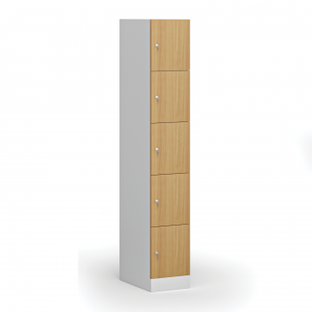 Šatní skříňka s úložnými boxy, 5 boxů, 1850 x 300 x 500 mm, cylindrický zámek, laminované dveře, buk
