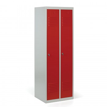 Kovová šatní skříňka S2, 2 oddíly, 1800 x 600 x 500 mm, smontováno, otočný zámek, červené dveře