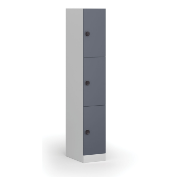 Šatní skříňka S1 s úložnými boxy, 3 boxy, 1850 x 300 x 500 mm, kódový zámek, tmavě šedé dveře