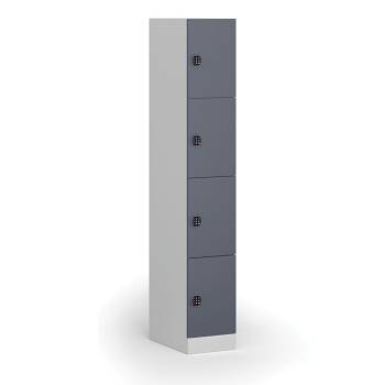 Šatní skříňka S1 s úložnými boxy, 4 boxy, 1850 x 300 x 500 mm, kódový zámek, tmavě šedé dveře