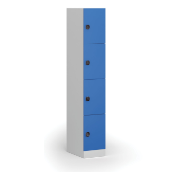 Šatní skříňka S1 s úložnými boxy, 4 boxy, 1850 x 300 x 500 mm, kódový zámek, modré dveře