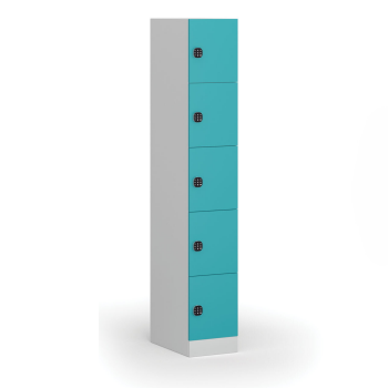 Šatní skříňka S1 s úložnými boxy, 5 boxů, 1850 x 300 x 500 mm, kódový zámek, zelené dveře