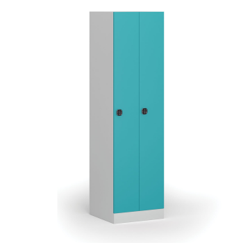 Zúžená kovová šatní skříňka S1, 2 oddíly, 1850 x 500 x 500 mm, kódový zámek, zelené dveře