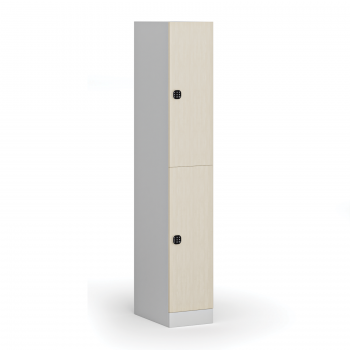 Šatní skříňka S1 s úložnými boxy, 2 boxy, 1850 x 300 x 500 mm, kódový zámek, laminované dveře, bříza