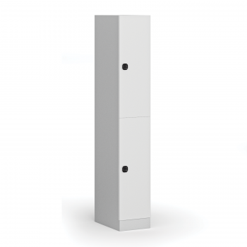 Šatní skříňka S1 s úložnými boxy, 2 boxy, 1850 x 300 x 500 mm, kódový zámek, laminované dveře, bílá