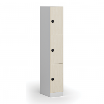 Šatní skříňka S1 s úložnými boxy, 3 boxy, 1850 x 300 x 500 mm, kódový zámek, laminované dveře, bříza