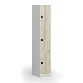 Šatní skříňka S1 s úložnými boxy, 3 boxy, 1850 x 300 x 500 mm, kódový zámek, laminované dveře, dub přírodní