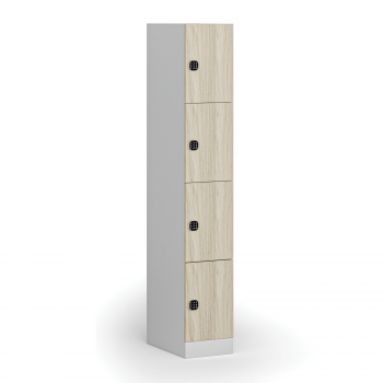 Šatní skříňka S1 s úložnými boxy, 4 boxy, 1850 x 300 x 500 mm, kódový zámek, laminované dveře, dub přírodní
