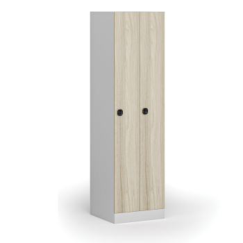 Zúžená kovová šatní skříňka S1, 2 oddíly, 1850 x 500 x 500 mm, kódový zámek, laminované dveře, dub přírodní