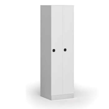 Zúžená kovová šatní skříňka S1, 2 oddíly, 1850 x 500 x 500 mm, kódový zámek, laminované dveře, bílá
