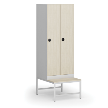 Šatní skříňka S1 s lavičkou, 2 oddíly, 1875 x 600 x 500/800 mm, kódový zámek, laminované dveře, bříza