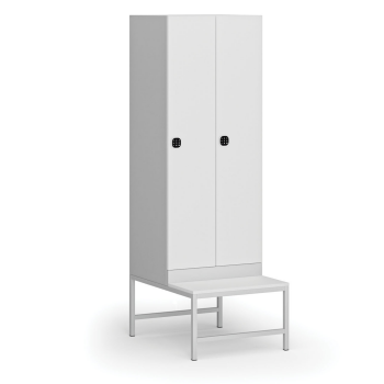 Šatní skříňka S1 s lavičkou, 2 oddíly, 1875 x 600 x 500/800 mm, kódový zámek, laminované dveře, bílá