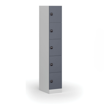 Šatní skříňka S1 s úložnými boxy, 5 boxů, 1850 x 300 x 500 mm, RFID zámek, tmavě šedé dveře
