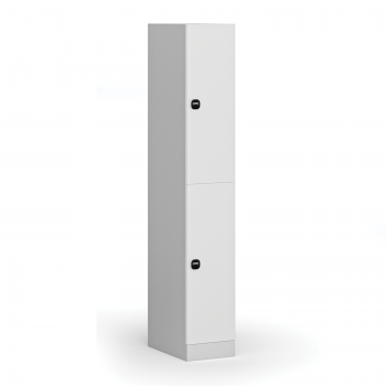 Šatní skříňka S1 s úložnými boxy, 2 boxy, 1850 x 300 x 500 mm, RFID zámek, laminované dveře, bílá