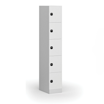 Šatní skříňka S1 s úložnými boxy, 5 boxů, 1850 x 300 x 500 mm, RFID zámek, laminované dveře, bílá