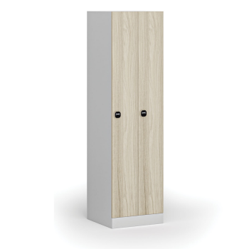 Zúžená kovová šatní skříňka S1, 2 oddíly, 1850 x 500 x 500 mm, RFID zámek, laminované dveře, dub přírodní
