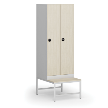 Šatní skříňka S1 s lavičkou, 2 oddíly, 1875 x 600 x 500/800 mm, RFID zámek, laminované dveře, bříza