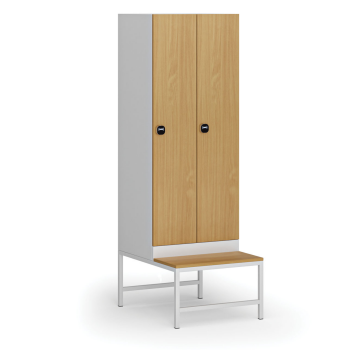 Šatní skříňka S1 s lavičkou, 2 oddíly, 1875 x 600 x 500/800 mm, RFID zámek, laminované dveře, buk