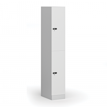 Šatní skříňka S1 s úložnými boxy, 2 boxy, 1850 x 300 x 500 mm, mechanický kódový zámek, laminované dveře, bílá
