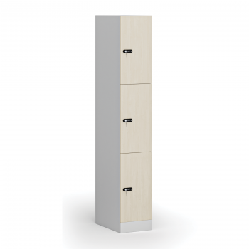 Šatní skříňka S1 s úložnými boxy, 3 boxy, 1850 x 300 x 500 mm, mechanický kódový zámek, laminované dveře, bříza