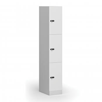 Šatní skříňka S1 s úložnými boxy, 3 boxy, 1850 x 300 x 500 mm, mechanický kódový zámek, laminované dveře, bílá