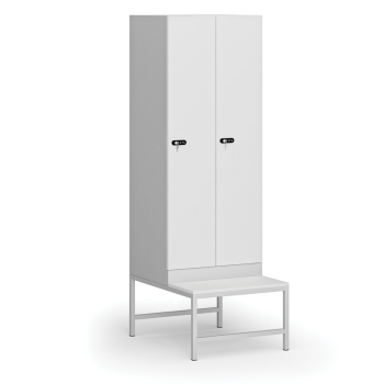 Šatní skříňka S1 s lavičkou, 2 oddíly, 1875 x 600 x 500/800 mm, mechanický kódový zámek, laminované dveře, bílá