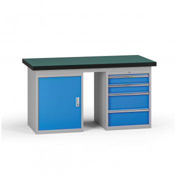 Pracovní stůl do dílny G8, 1500 x 750 x 800 mm, 1x skříňka, 1x kontejner, 4 zásuvky, modrá