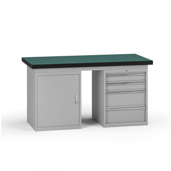 Pracovní stůl do dílny G8, 1500 x 750 x 800 mm, 1x skříňka, 1x kontejner, 4 zásuvky, šedá