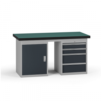 Pracovní stůl do dílny G8, 1500 x 750 x 800 mm, 1x skříňka, 1x kontejner, 4 zásuvky, grafit