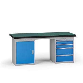 Pracovní stůl do dílny G8, 1800 x 750 x 800 mm, 1x skříňka, 1x kontejner, 4 zásuvky, modrá